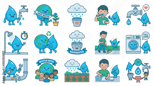 Collection of adorable water drop characters and people promoting essential water conservation practices for a better planet.