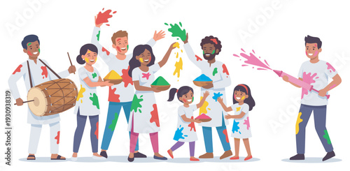 Happy people celebrating Holi festival together joyfully throwing colorful powder and playing music during the vibrant spring celebration.