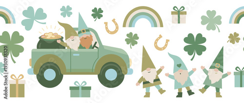 Cute St. Patrick's Day gnomes driving a truck with a pot of gold and surrounded by lucky shamrocks, rainbows, and horseshoes.