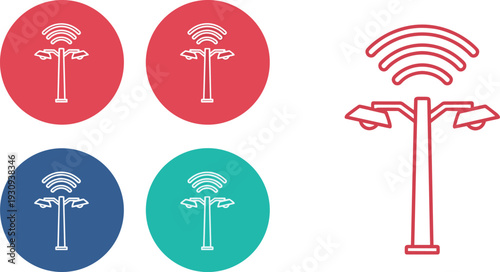 Wireless Signal Tower Icon Set with Broadcasting Antenna and Radio Wave Symbols in Flat Circle and Outline Styles for Telecom, Network, and Technology Design