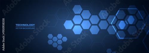 Blue hexagon network abstract background glowing edges create futuristic digital interface, layered nodes and mesh, subtle neon light, corporate banner layout for technology and innovation campaigns