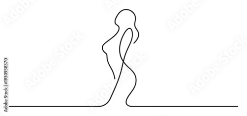 Continuous line drawing female figure with elegant curves representing beauty, femininity, and simplicity in a modern artistic style.