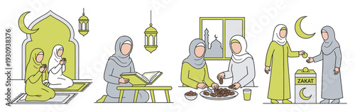 Muslim women observing various religious traditions including prayer, Quran reading, Iftar, and Zakat during the holy month.