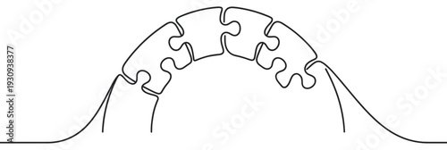 Puzzle pieces connected in a continuous line drawing forming an arch, symbolizing teamwork, solution, and integration for business success.