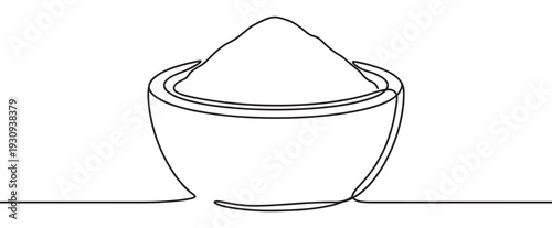 Bowl of flour drawn in a continuous line art style, symbolizing essential baking ingredients and culinary preparation.