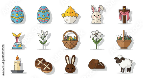 Colorful Easter Icons and Symbols Collection on White Background.