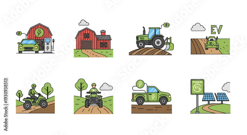 Set of Farm Icons: Electric Vehicle Tractor ATV and Solar Panels.