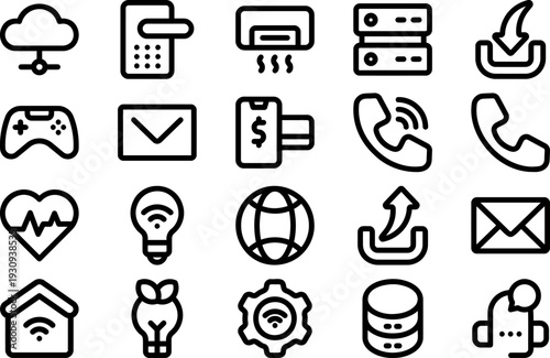 Collection of modern line icons representing technology and communication devices and symbols on a clean white background, viewed directly from above