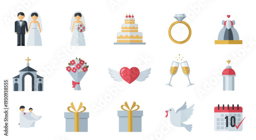 A colorful collection of flat design wedding icons including a bride groom cake ring and church for marriage celebrations.