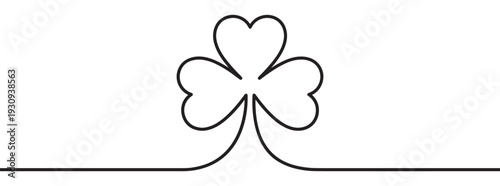 Simple continuous line drawing of a shamrock with three heart-shaped leaves symbolizing luck, nature, and Irish culture.