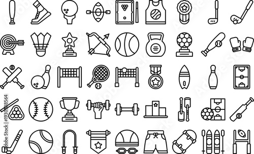 Collection of Sports Icons and Equipment Illustrations Representing Various Athletic Activities