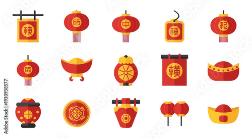 Vibrant collection of traditional Chinese New Year festive decorations and cultural symbols icons.