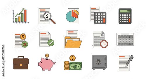 Financial and Accounting Business Icons Set: Charts Documents Calculator Piggy Bank Safe.