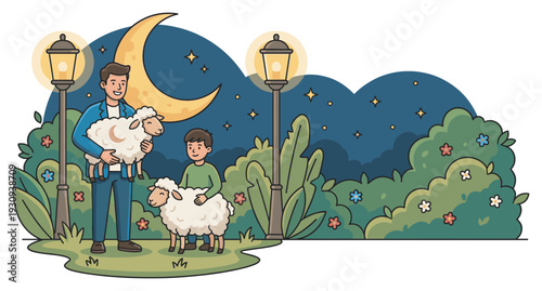 Man and boy with two sheep caring for their beloved animals under the glow of streetlights and a crescent moon.