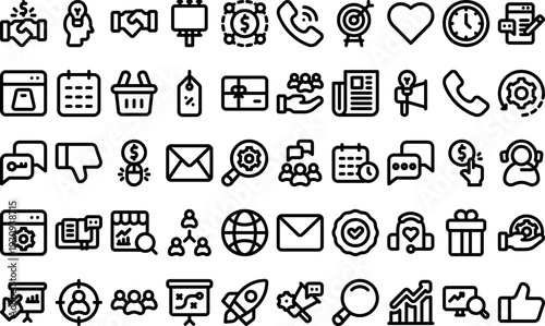 Collection of simple line icons representing business and communication concepts on a clean background