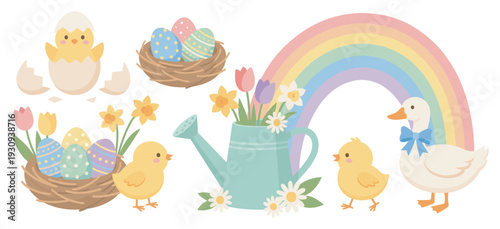 Cute spring Easter collection with chicks, eggs, flowers, and a rainbow illustration featuring a duck and watering can.