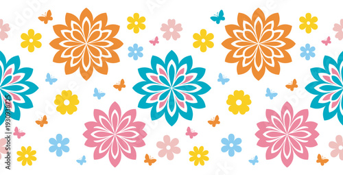 Stylized colorful flowers and butterflies form a cheerful seamless decorative pattern design, perfect for seasonal textile prints.