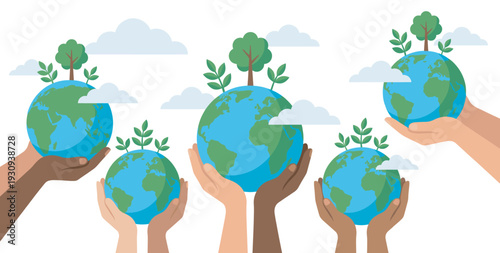 Diverse hands holding Earth globes with trees and clouds representing global environmental protection and sustainability.