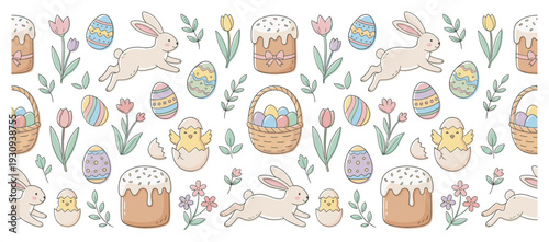 Easter bunnies, eggs, chicks, cakes, and flowers are beautifully illustrated in a delightful pastel spring holiday pattern.