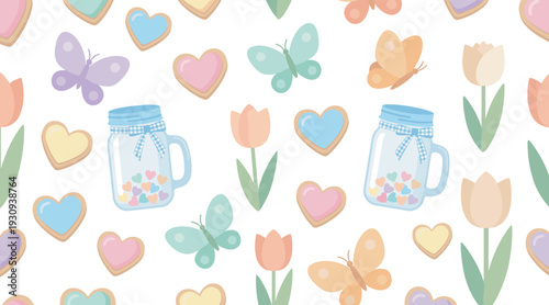 Pastel butterflies, hearts, tulips, and mason jars are playfully scattered across a delightful and whimsical spring-themed seamless pattern.
