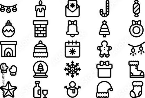 Collection of Christmas icons including decorations and gifts in a grid layout, vector illustration
