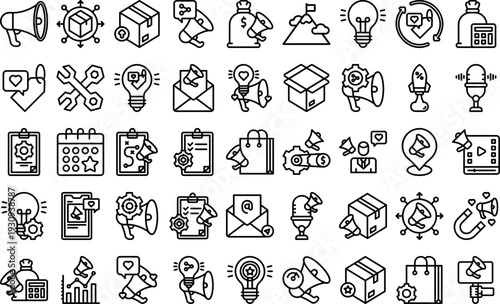 Collection of business icons illustrating mission, vision, and values concepts in a modern flat design style
