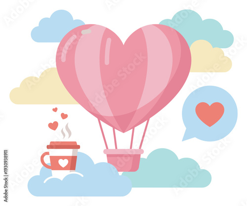 Beautiful pink heart-shaped hot air balloon soars through the sky, accompanied by a steaming coffee cup and loving hearts.