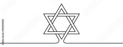 Star of David symbol drawn with a single continuous line, a minimalist and elegant representation of Jewish faith and heritage.