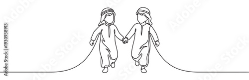 Two Arab children wearing traditional clothes holding hands as they walk together, symbolizing friendship, unity, and cultural heritage in a continuous line art style.