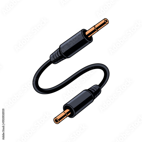 A black audio cable with gold-plated connectors on a white background for music and technology applications