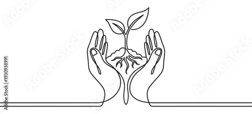 Human hands gently holding a small plant seedling with roots, representing care for nature and sustainable development.