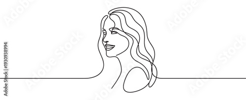 Continuous line drawing woman's face profile smiling with elegant flowing hair represents beauty and simplicity in art.