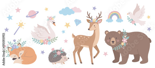 Cute woodland animals and magical elements are beautifully illustrated in a charming pastel collection for kids' projects.