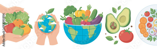 Hands holding a vibrant collection of fresh fruits and vegetables symbolizing global health and sustainable eating.