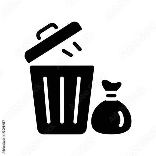 A black trash can with a bag next to it on a white background.