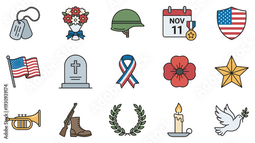 Military remembrance symbols collection features patriotic icons for honoring veterans, fallen soldiers, and commemorating their sacrifice.