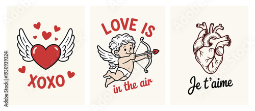 Three distinct heart-themed designs featuring love and affection symbols. isolated on white background, Vector, illustration