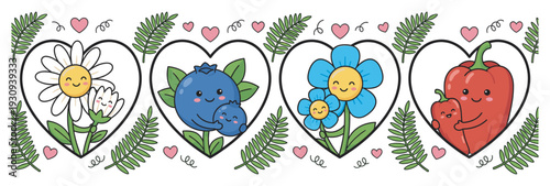 Cute cartoon nature elements show loving parent child relationships within decorative heart-shaped frames and green leaves.