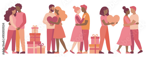 Diverse couples celebrating love and affection with hugs, gifts, and hearts, symbolizing romance, togetherness, and special occasions.