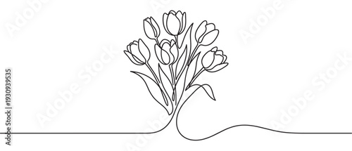 Continuous line drawing of a beautiful tulip bouquet featuring elegant floral art perfect for spring and nature-themed designs.