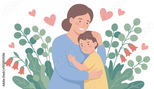 Loving mother embraces her young child, surrounded by beautiful green plants, delicate red flowers, and floating pink hearts, symbolizing affection and care.