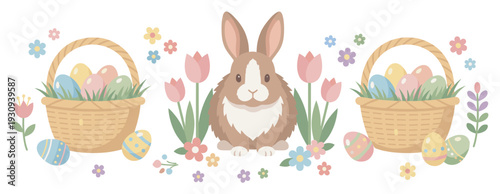 Cute rabbit and colorful Easter eggs in baskets surrounded by spring flowers, celebrating the joyous holiday season.