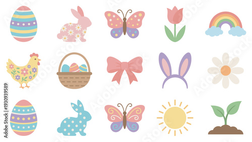 Easter and spring holiday icons collection featuring bunnies, eggs, flowers, and other festive symbols of the season.