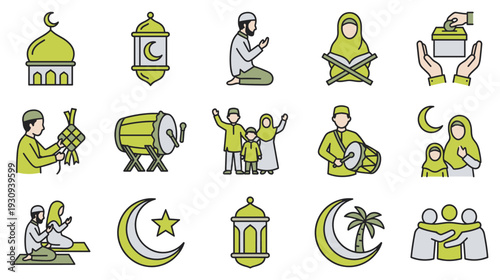 Islamic icons and symbols representing various traditions and celebrations during the holy month of Ramadan and Eid al-Fitr.