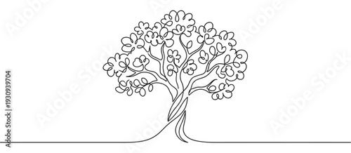 Continuous line drawing tree with flowing branches and a vibrant, organic canopy symbolizing growth and nature.