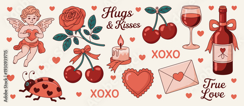 Romantic valentine's day with wine glasses and red roses on a white background isolated on white background, Vector, illustration