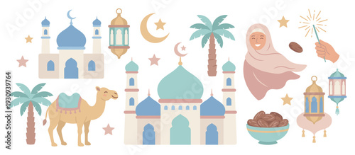 Mosques, crescent moons, lanterns, dates, and camels are beautifully illustrated as traditional symbols for Islamic holidays and culture.