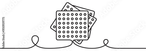 Pill blister packs are depicted in a continuous line art illustration, representing medical treatment and pharmaceutical care.