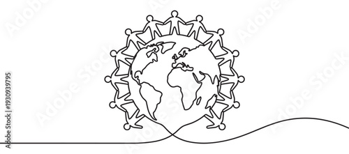 People holding hands around the world in a continuous line drawing symbolizing global unity and interconnectedness.