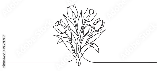 Continuous line drawing bouquet of tulips symbolizing spring, growth, and natural beauty with a simple artistic aesthetic.
